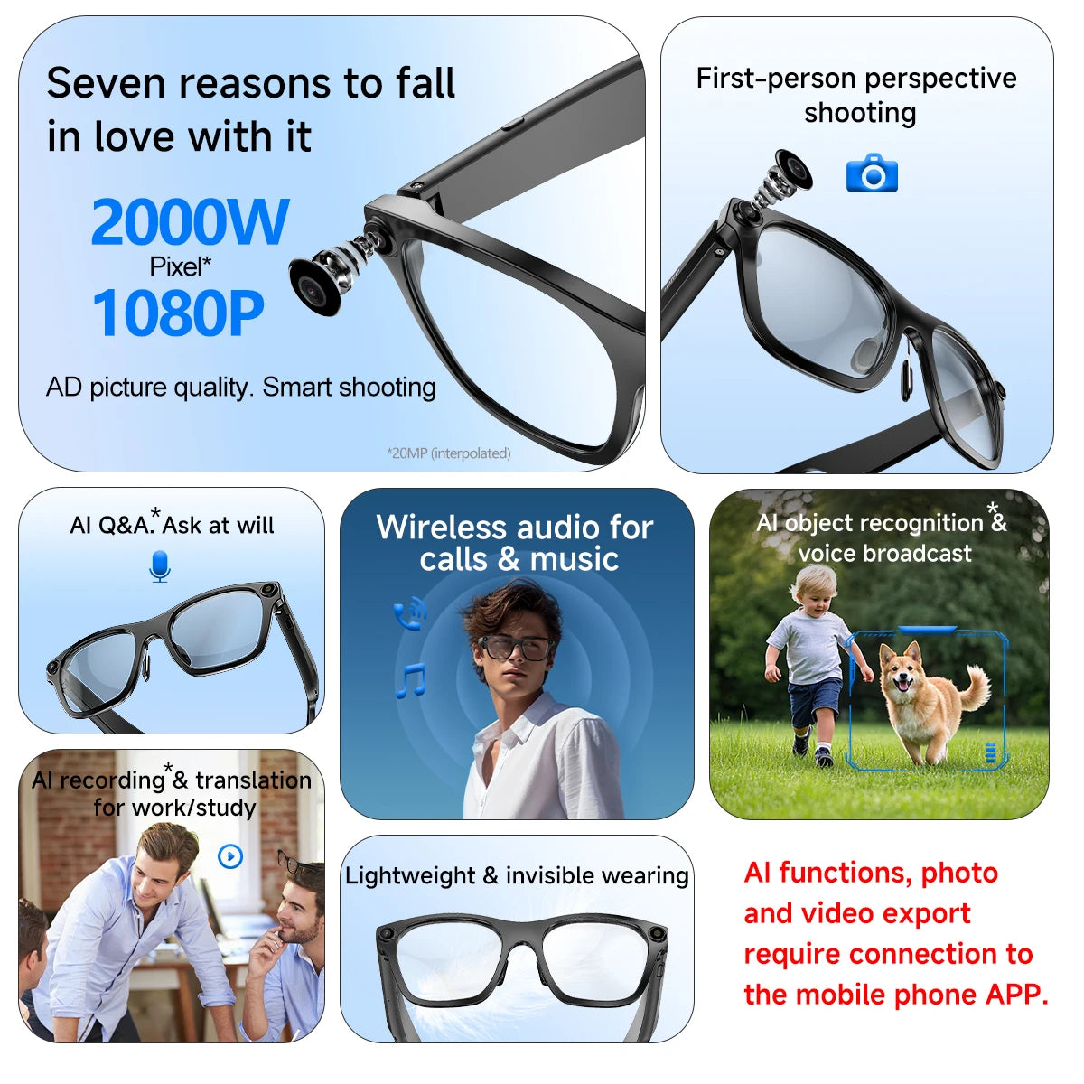 New OTA Upgrade Smart Glasses 1080P HD Camera Video Record AI Chat GPT Function Q&A Translation Wireless Call Women Men Eyeglass