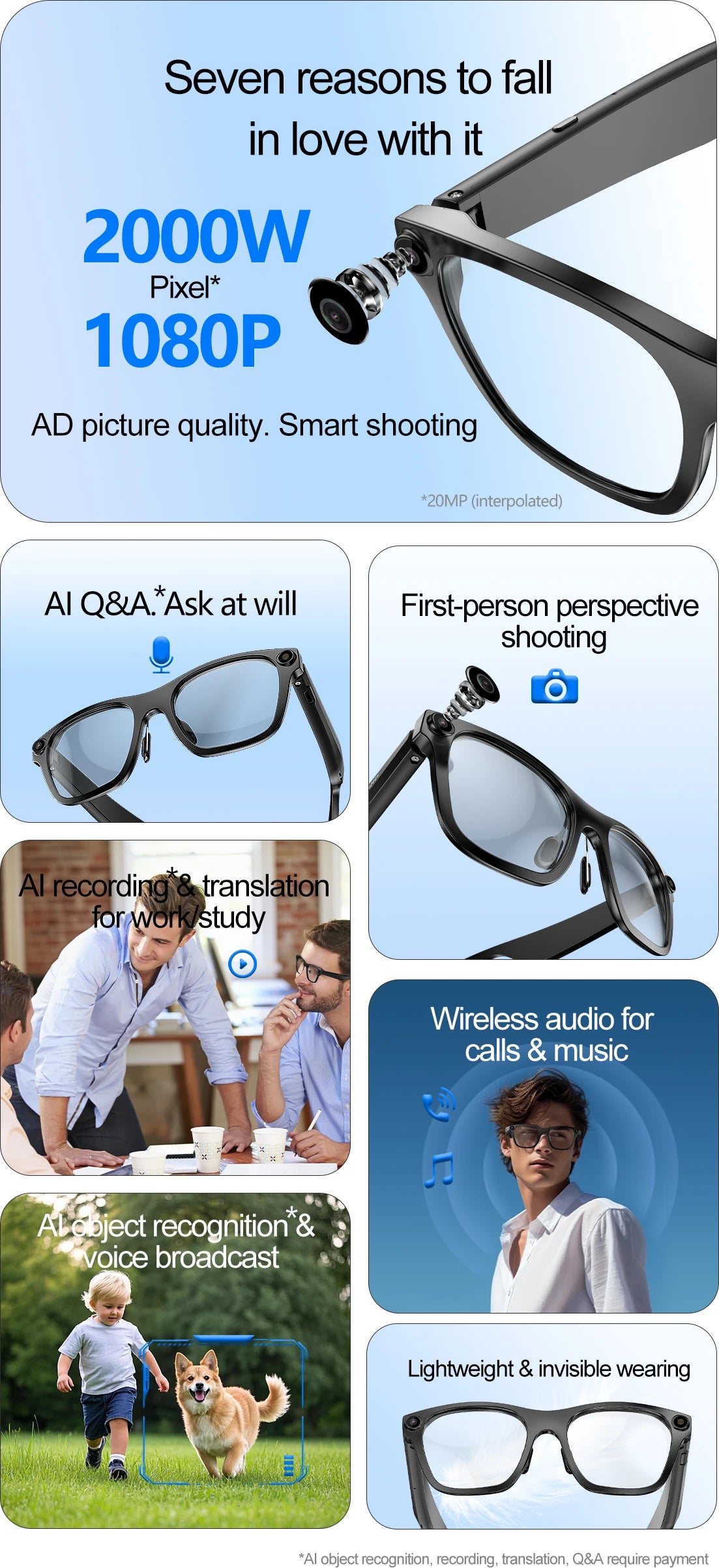 New OTA Upgrade Smart Glasses 1080P HD Camera Video Record AI Chat GPT Function Q&A Translation Wireless Call Women Men Eyeglass