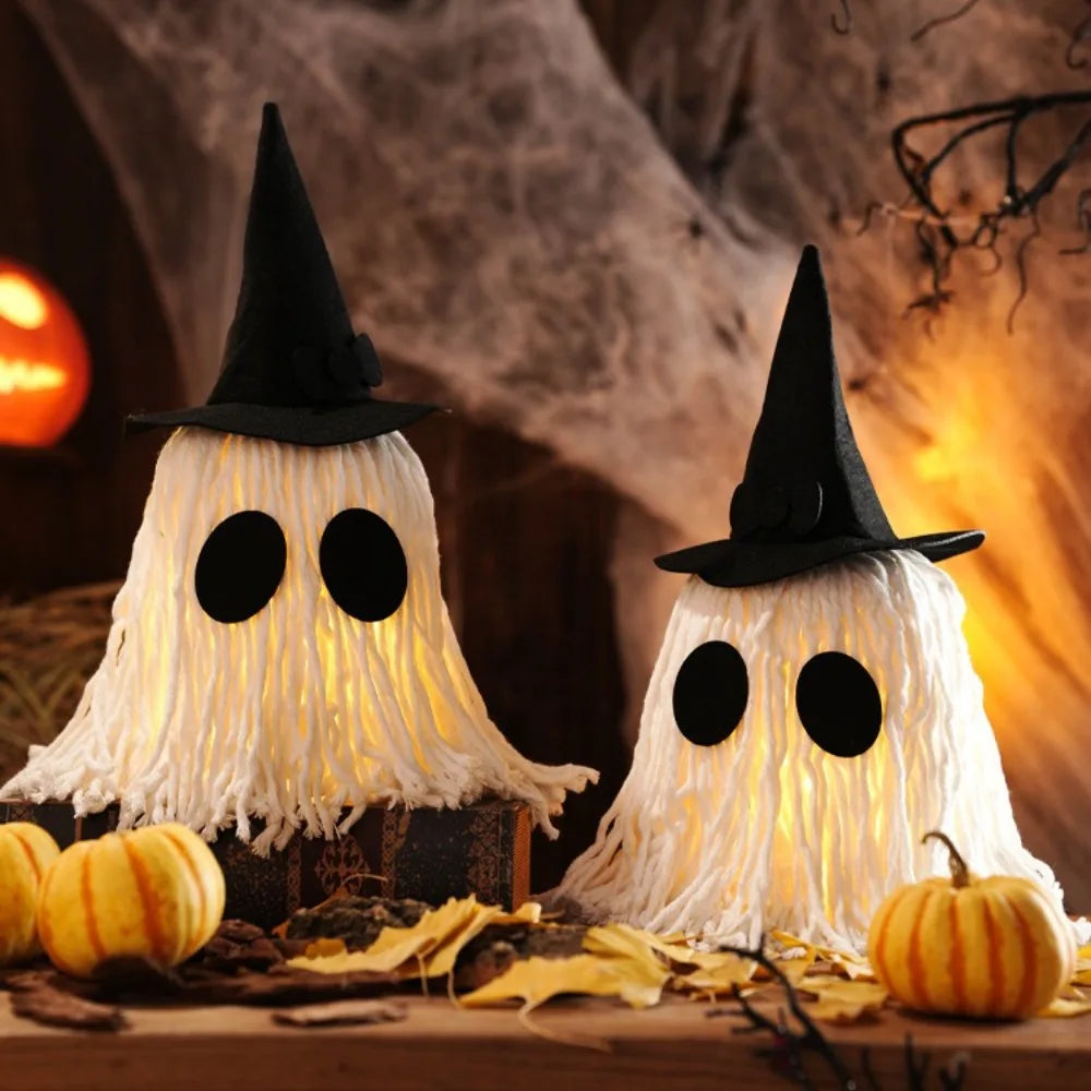 Luminous Halloween Hanging Ghost Light LED with Hat Specter Ornaments DIY Expression White Tassels Mop Head Desktop Decoration