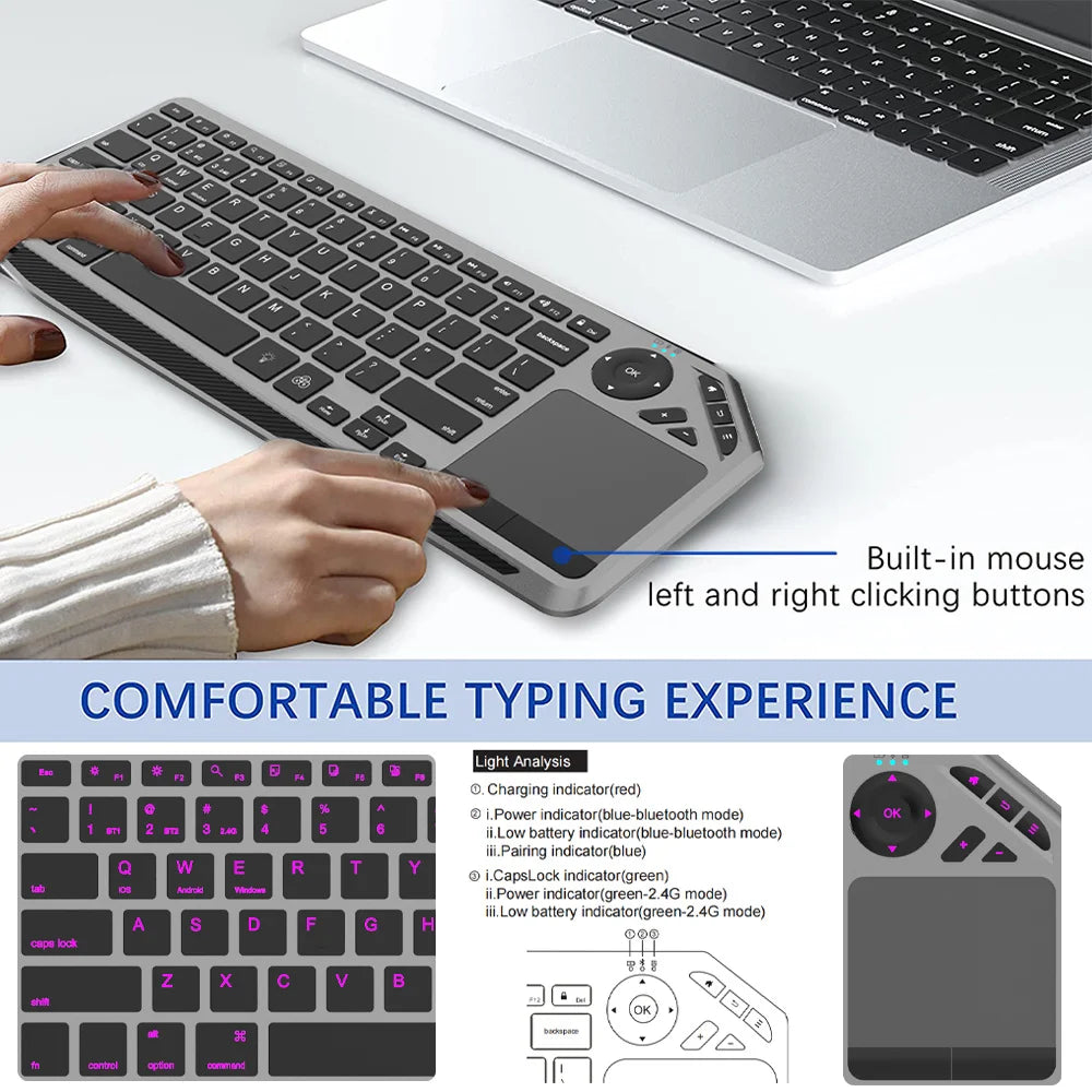 Bluetooth Wireless Keyboard with Touchpad 7-Colors Backlit 2.4g Rechargeable Trackpad Keyboard for Smart TV, IOS IPhone/IPad