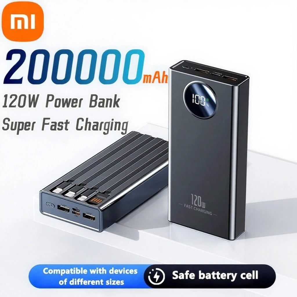Xiaomi 120W 200000mAh Capacity Power Bank Large Capacity Super Fast Charging Portable Powerbank with 4 Wires for iPhone Huawei