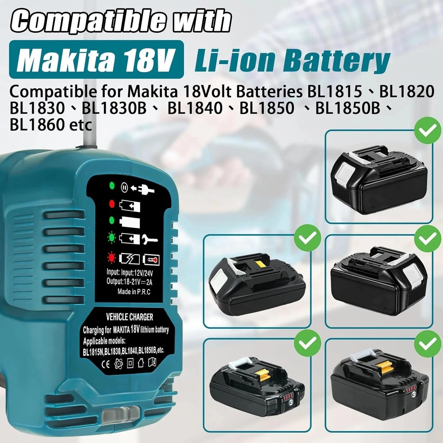 For Makita 18V Lithium Battery Charger With Cigarette Lighter Plug LED Indicator Mini Vehicle Charger for Makita BL1850 BL1830