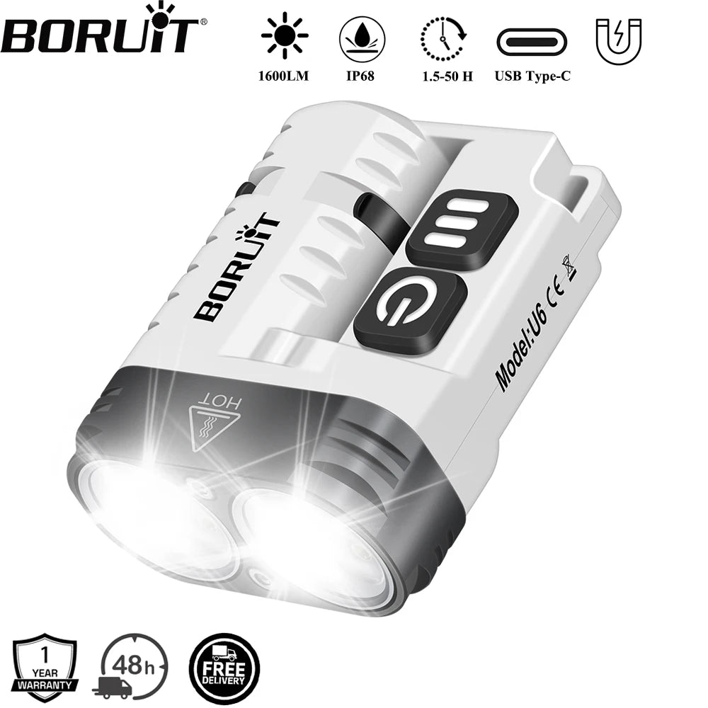 BORUiT U6 SST20 LED EDC Flashlight Keychain Work Light Type-C Rechargeable Clip Torch with Magnet Camping Pocket Lantern