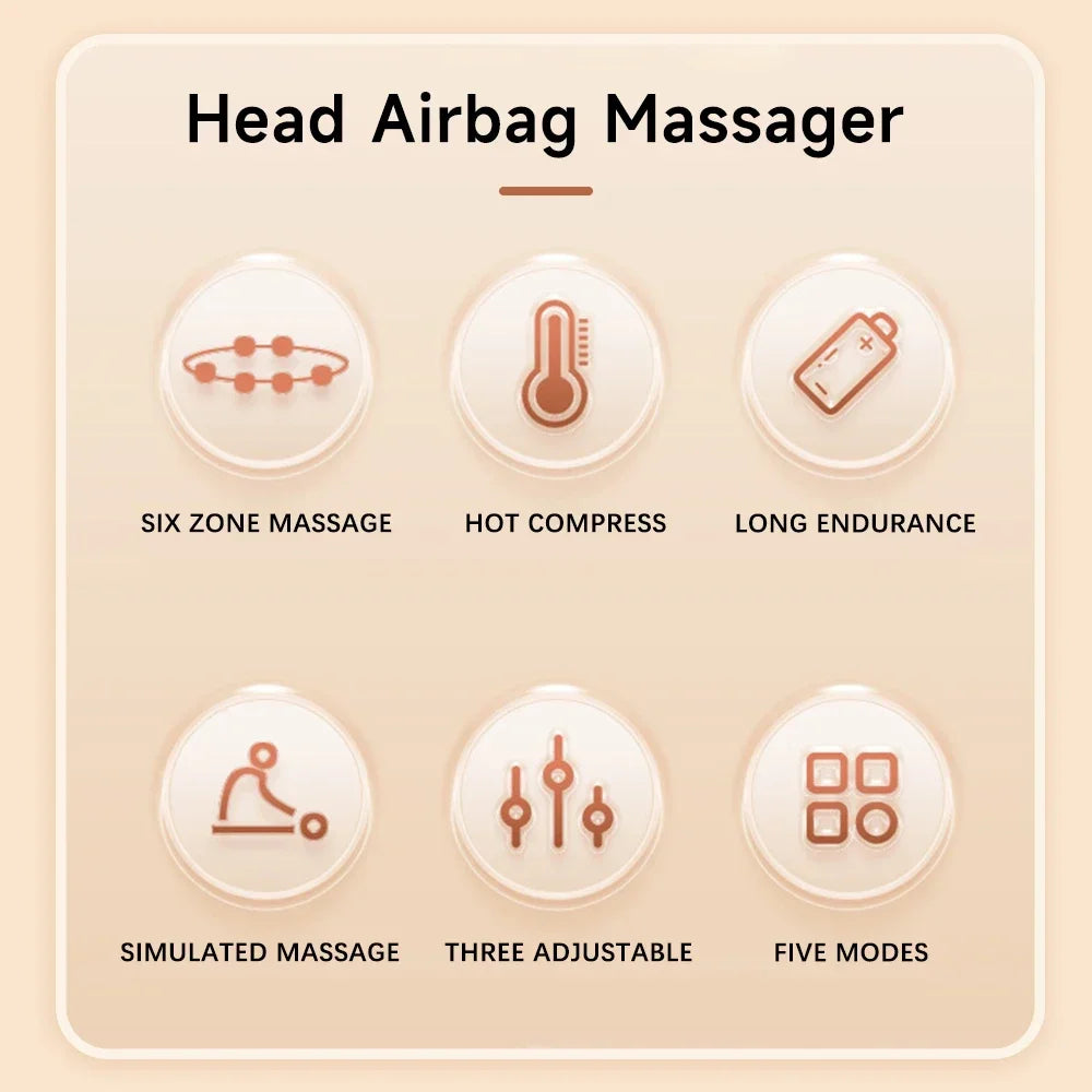 Electric Head Massager with Heat Air Pressure Head Massage Device Eye Muscle Massager Hot Compress Airbag Music 6-Zone Massager