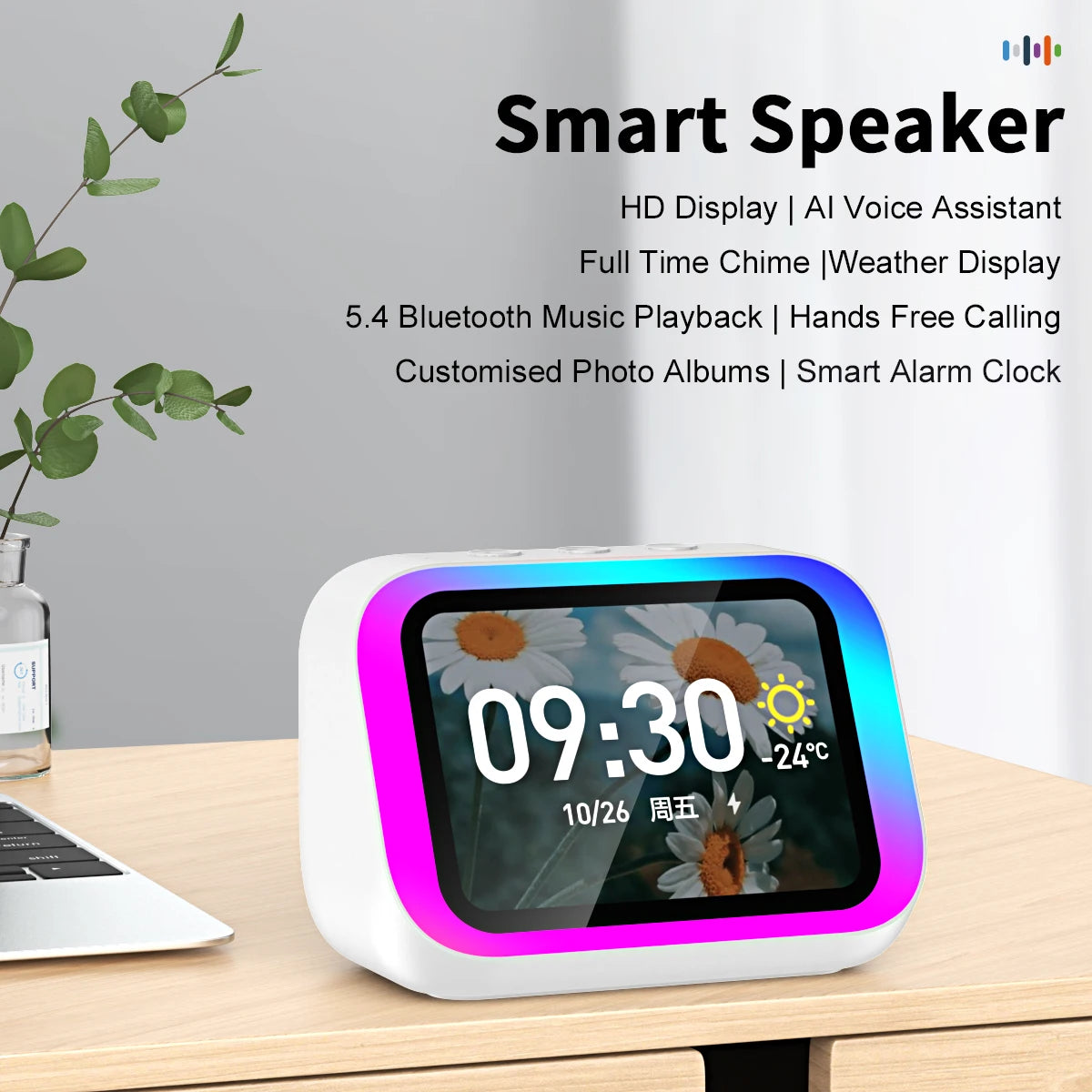 Smart Bluetooth Speaker Lntelligent Large-Screen Weather Temperature Display Table Speaker Clock Bedroom Decor  Voice Assistant