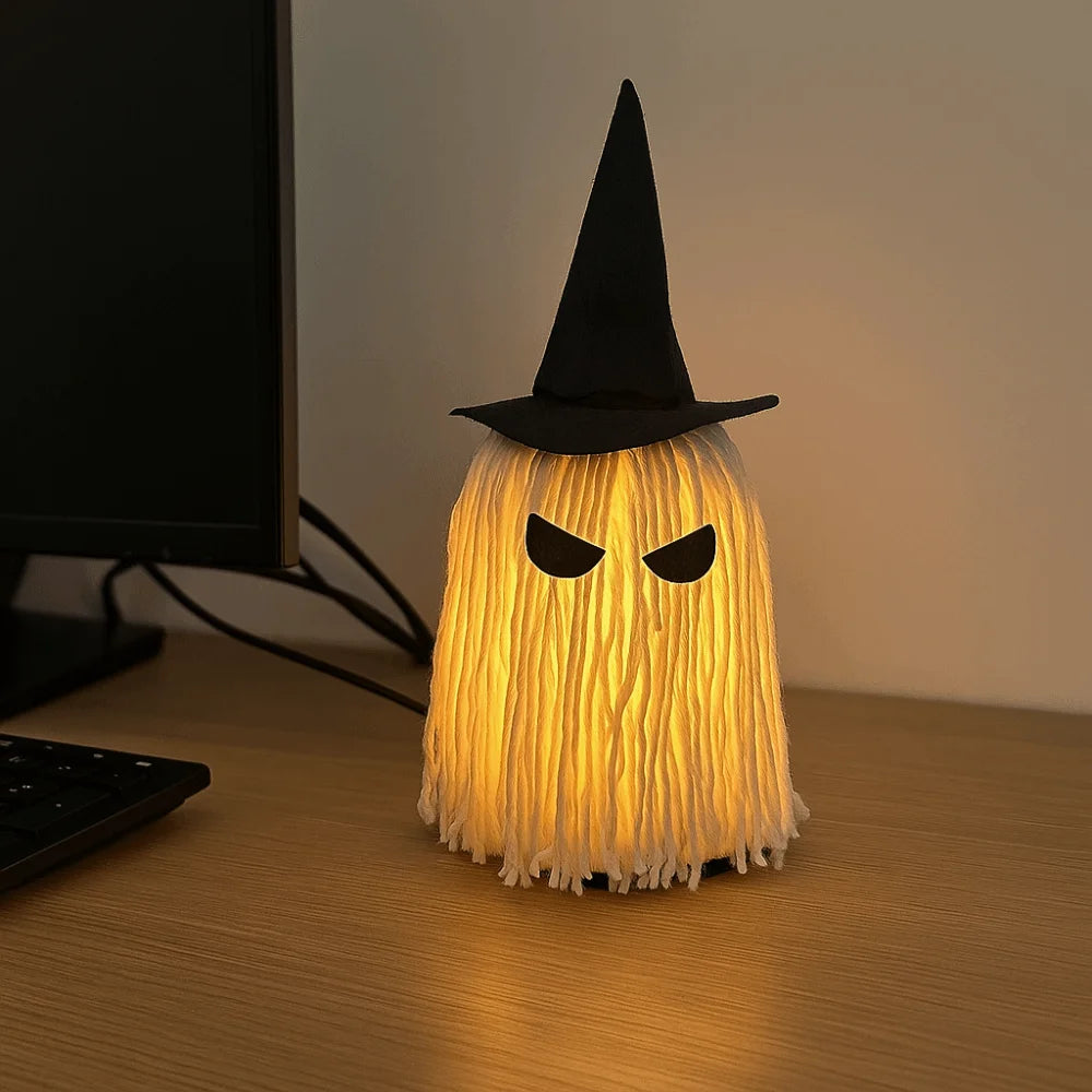 Luminous Halloween Hanging Ghost Light LED with Hat Specter Ornaments DIY Expression White Tassels Mop Head Desktop Decoration