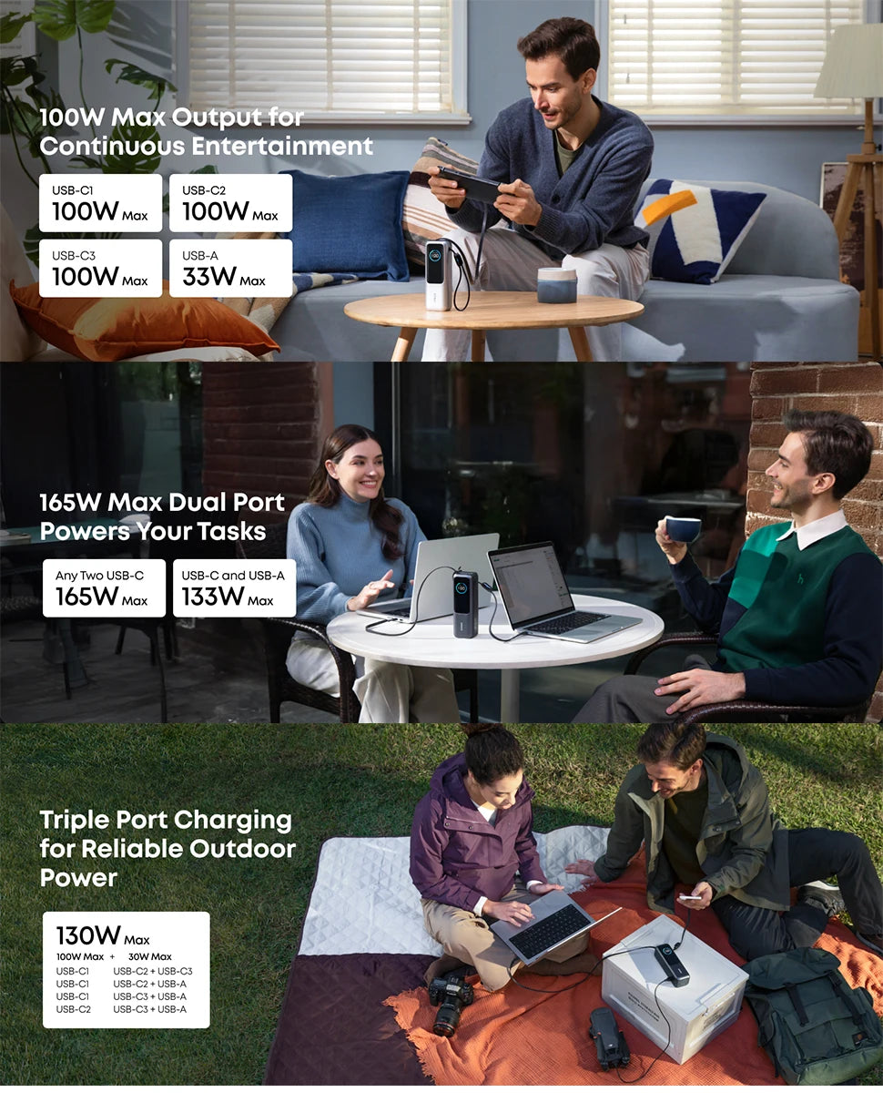 Anker Laptop Power Bank, zewnętrzna bateria 25 000 mAh Z 3 portami USB-C o mocy 100 W do ładowania wielu urządzeń