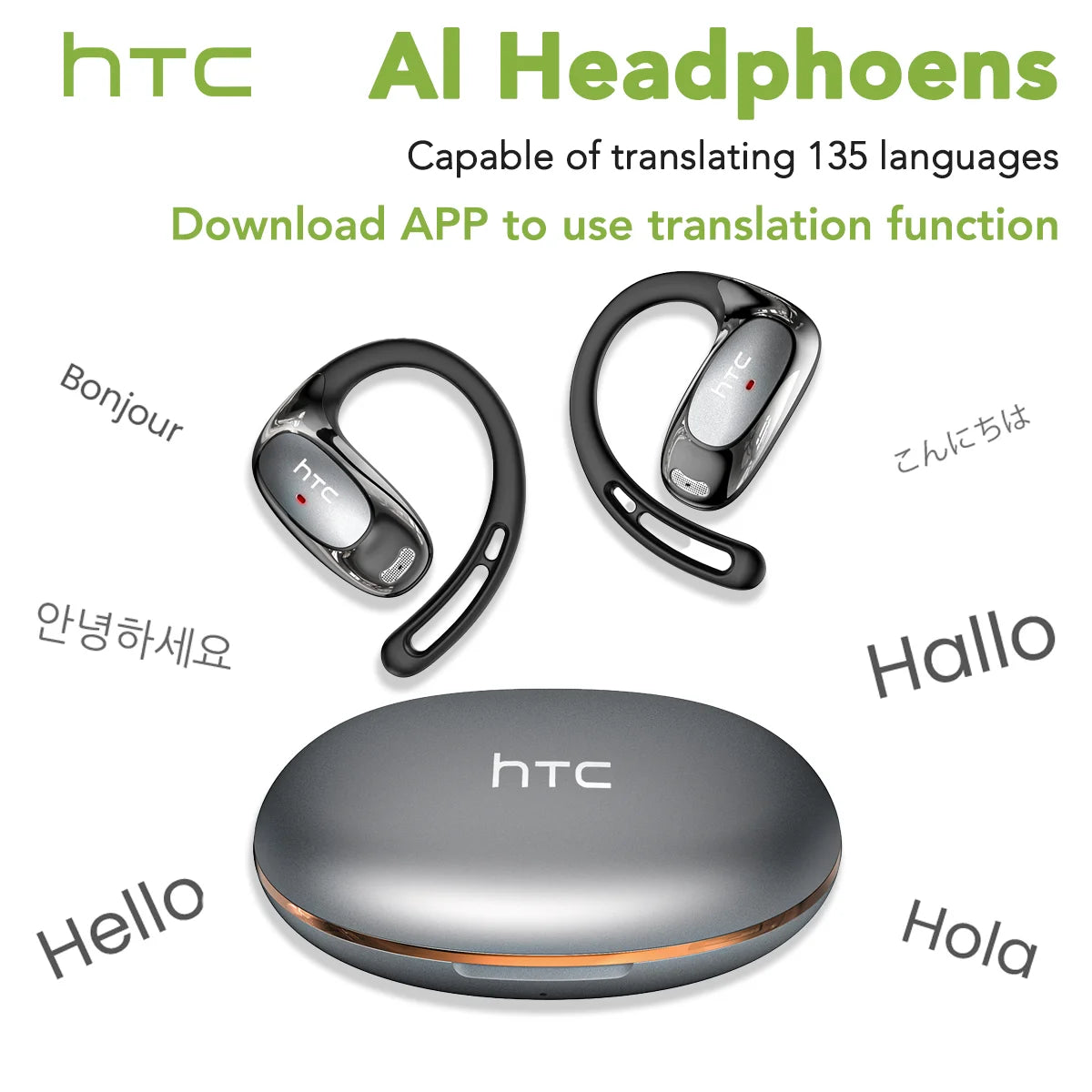 HTC NE35 Bluetooth V6.0 AI Translation Earphones OWS Sport Headphone Comfortable Ultra-light Earhook Wireless Headphone with Mic
