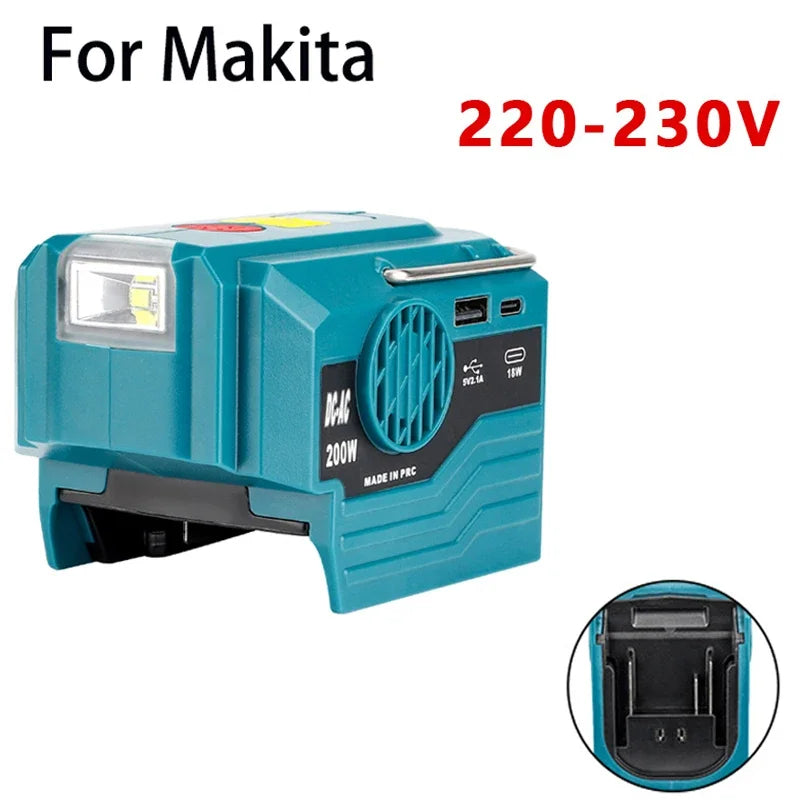 Power Inverter for Makita 18V Battery,DC 18V to AC 120V/220V Portable Power Station with USB,Type-C 280lm LED Light for Camping