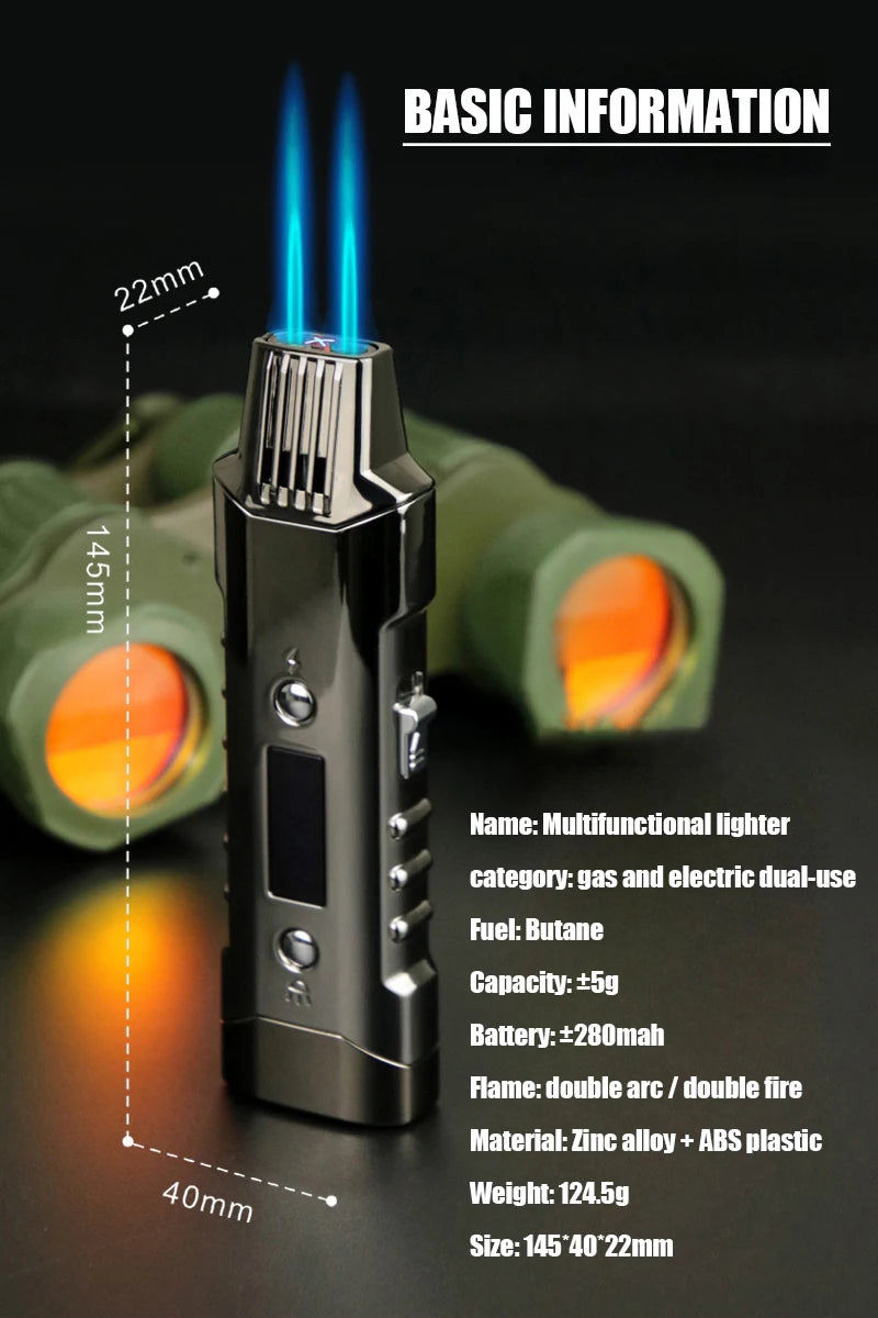 Multifunctional Gas And Electric Lighter  Double Arc  Double Blue Flame White Night Light With Power Display Outdoor Windproof