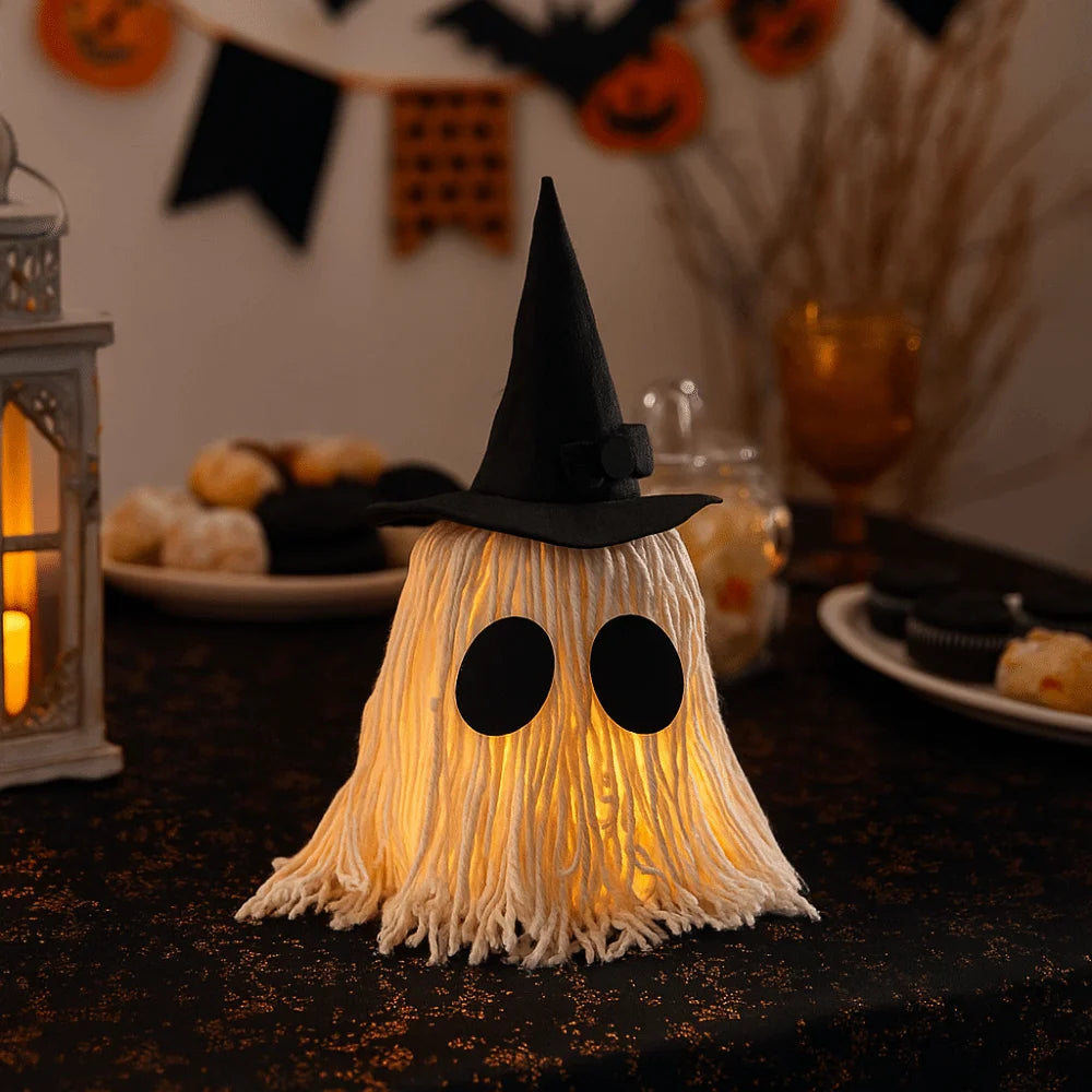 Luminous Halloween Hanging Ghost Light LED with Hat Specter Ornaments DIY Expression White Tassels Mop Head Desktop Decoration