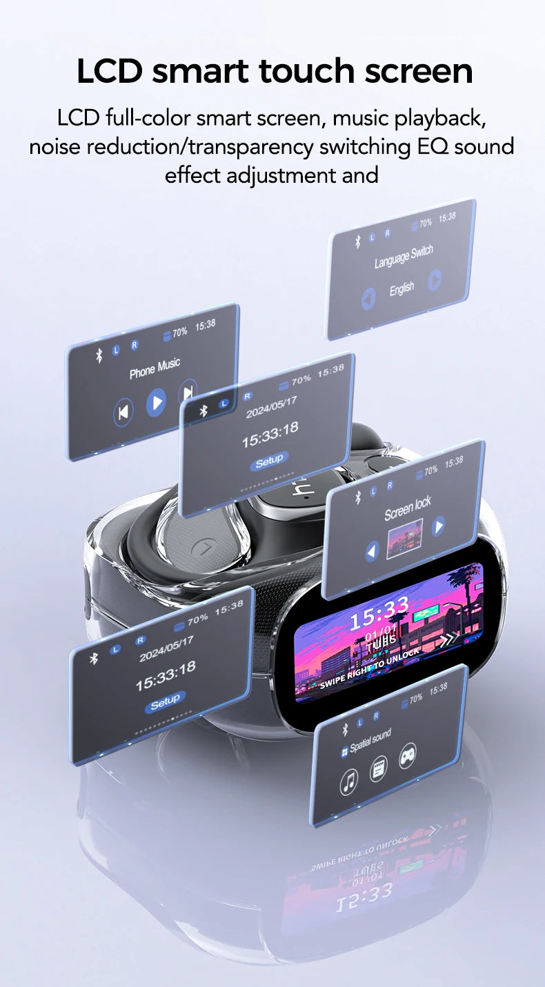 Translator HTC NE11 Bluetooth 6.0 OWS Wireless Headphones Translation Earphones Full-Color Touch Screen Ultra Long Battery Life