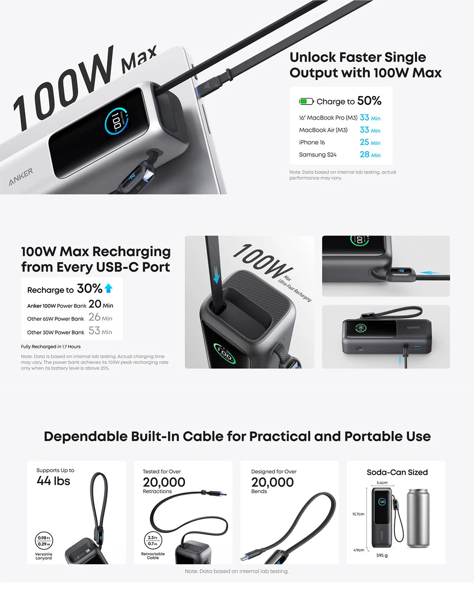 Anker Laptop Power Bank, zewnętrzna bateria 25 000 mAh Z 3 portami USB-C o mocy 100 W do ładowania wielu urządzeń