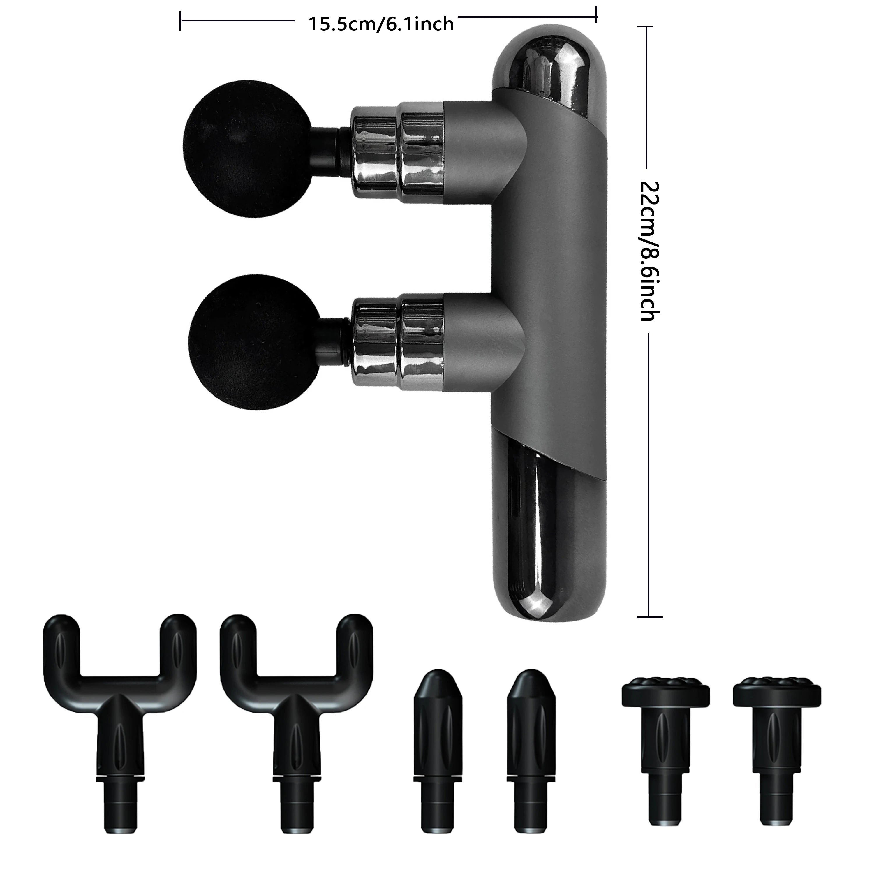 USB charging dual head fascia gun with 6-speed force adjustment and 4 pairs (8 pieces) of massage heads, double massage massager