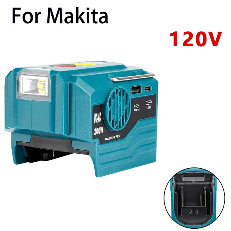Power Inverter for Makita 18V Battery,DC 18V to AC 120V/220V Portable Power Station with USB,Type-C 280lm LED Light for Camping
