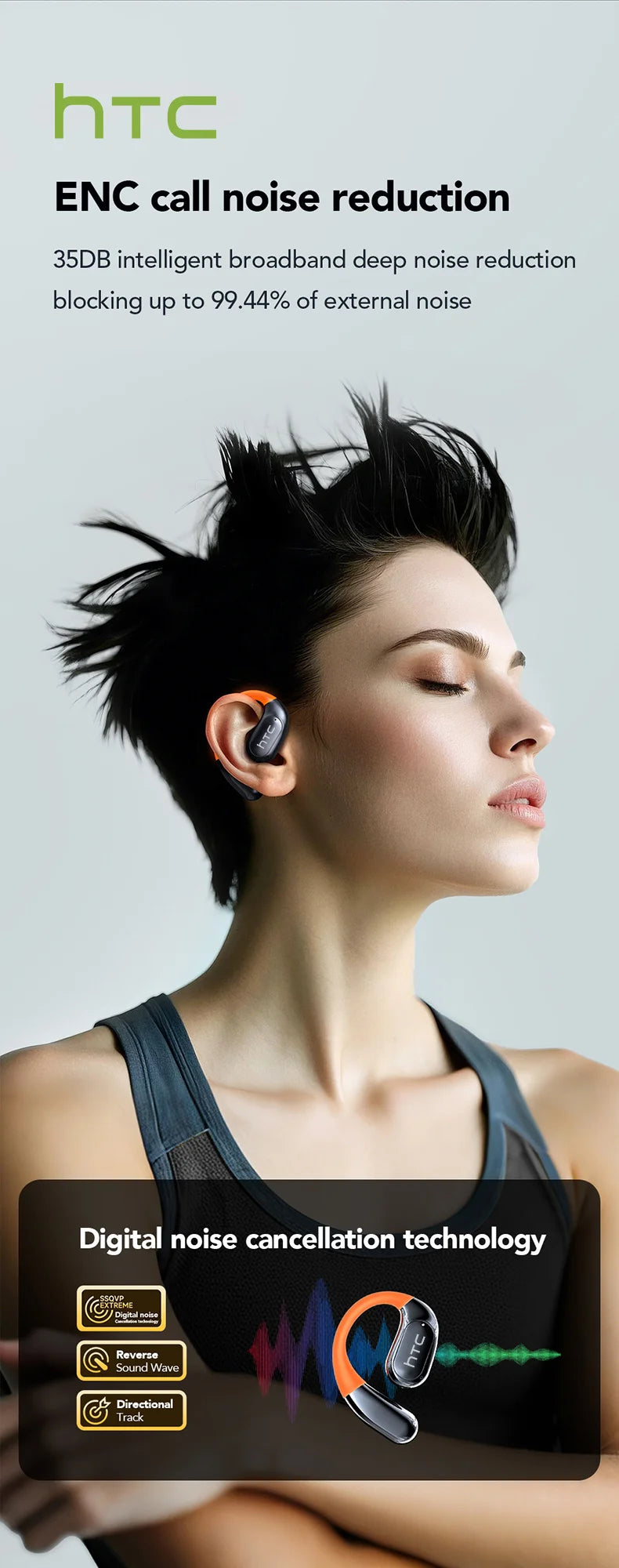 HTC NE27 Wireless Headphones AI Translator Earbuds OWS Sports Bluetooth Earphones Glowing Earhook Customizable Wallpaper Screen