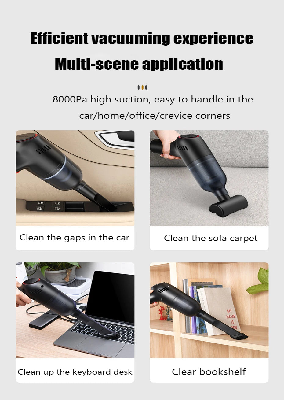 8000Pa Car Vacuum Cleaner Handheld Wireless Portable Strong Suction Low Noise Pet Cat Hair Vacuum Cleaners  For Cars Home