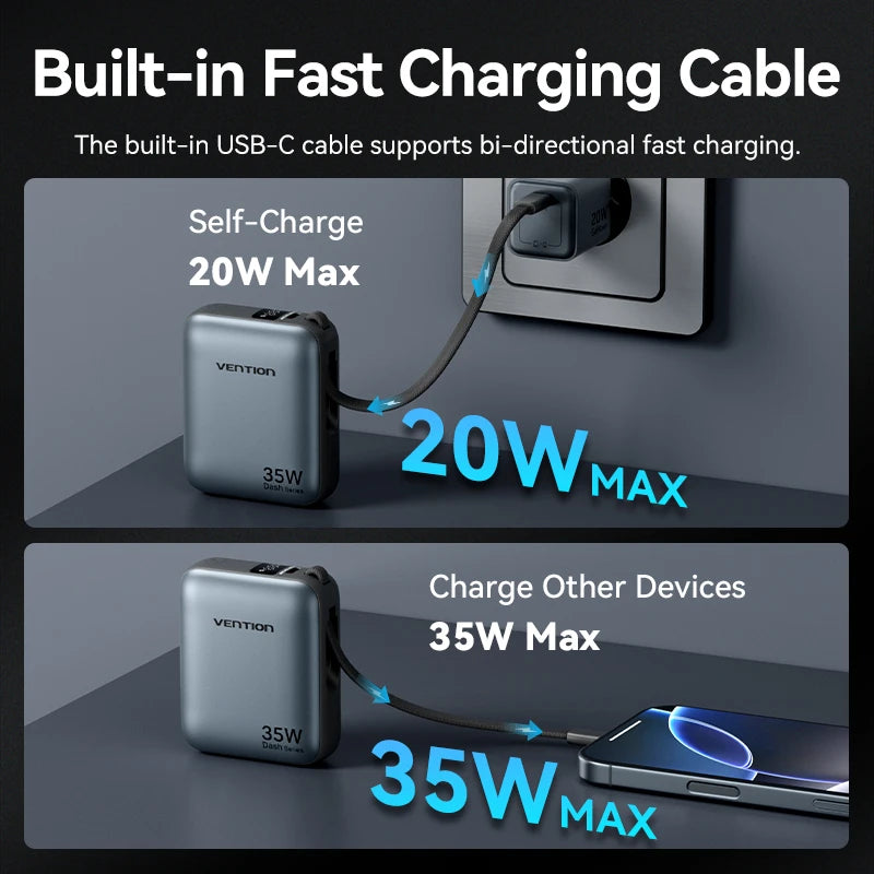 Vention 10000mAh Power Bank Fast Charging PD 35W Portable PowerBank for iPhone 16 15 Pro Max Xiaomi External Battery Charger