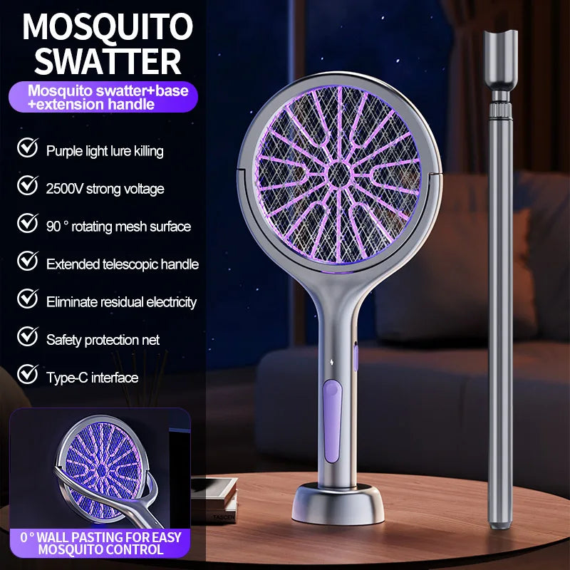 2025 Upgraded Telescopic Mosquito Killer Swatter 90° Rotatable & Wall-Mountable Extended Reach Electric Bug Zapper Home Garden
