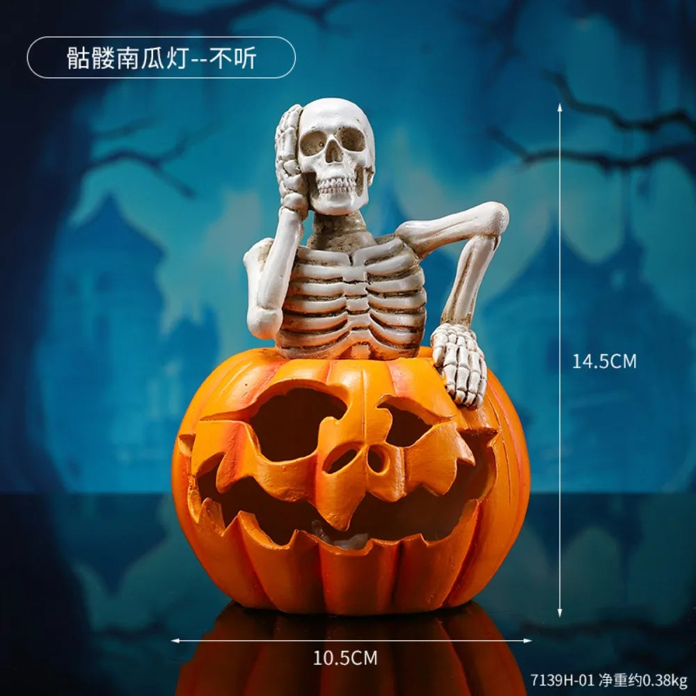 2025 Halloween Skeleton Pumpkin Lantern Ornament Halloween Party Funny Atmosphere Decoration Props Ghost Pumpkin Resin Crafts