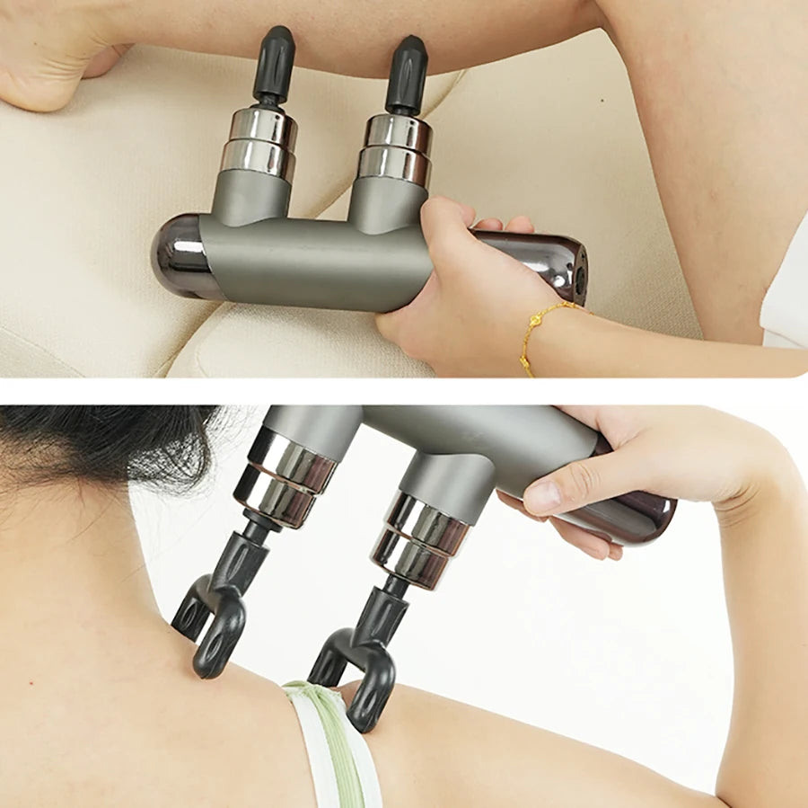 USB charging dual head fascia gun with 6-speed force adjustment and 4 pairs (8 pieces) of massage heads, double massage massager