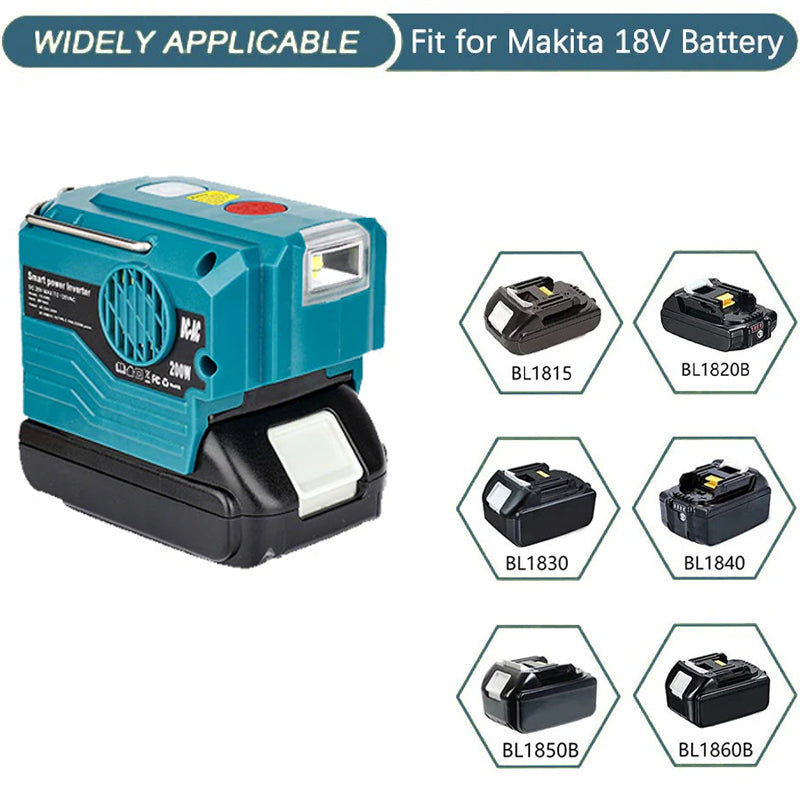 Power Inverter for Makita 18V Battery,DC 18V to AC 120V/220V Portable Power Station with USB,Type-C 280lm LED Light for Camping