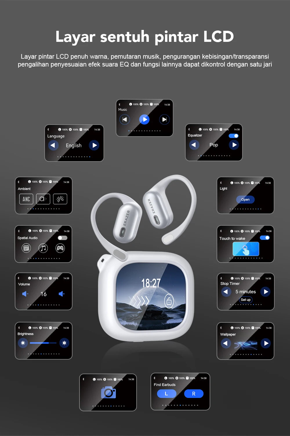 ERAZER XF38  Bluetooth Earphones AI Translator Earbuds OWS LCD Touch Screen Sport Wireless Headphones HD Stereo Sound Longlife