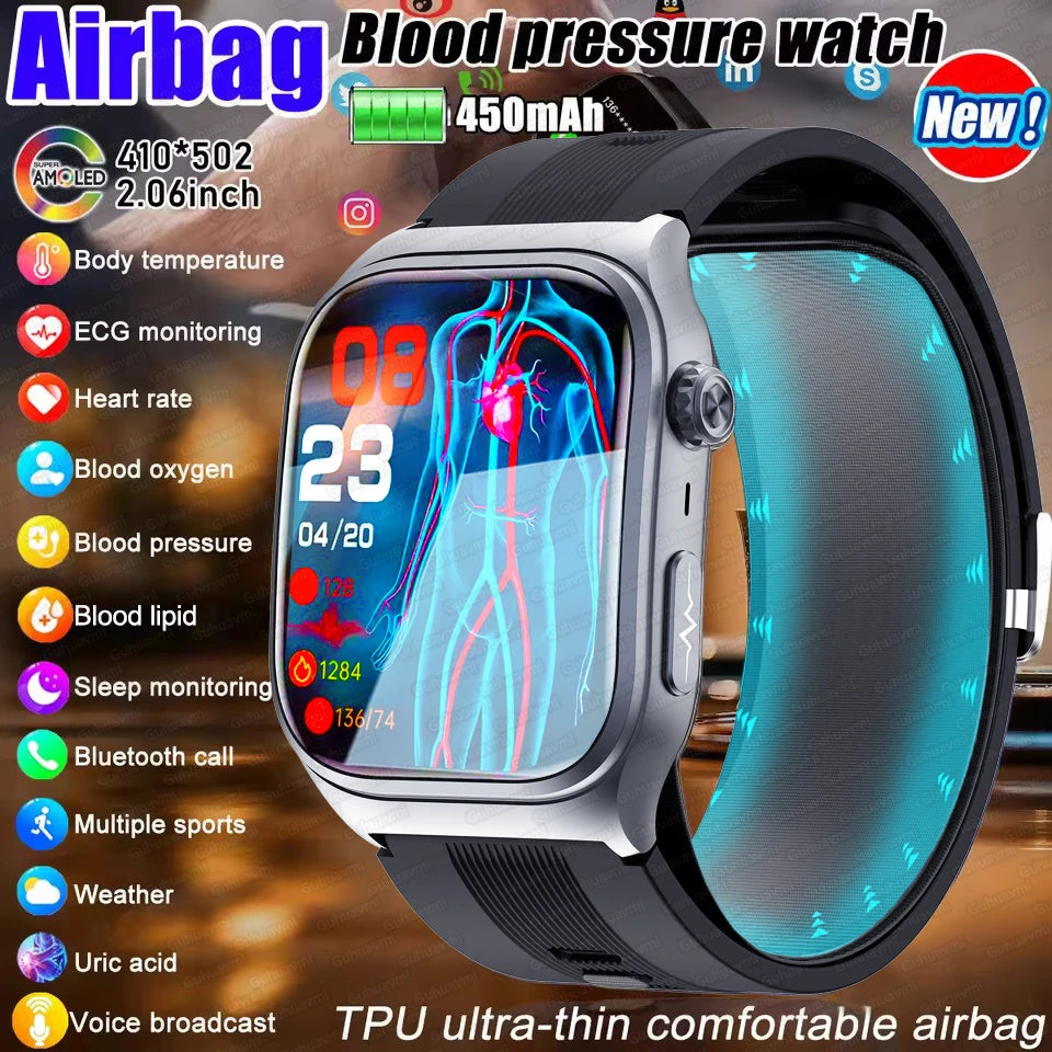 New Precise Detection Blood Pressure Smart Watch Air Pump Airbag Heart Rate ECG Health Bracelet BT Call Watches Men For Xiaomi
