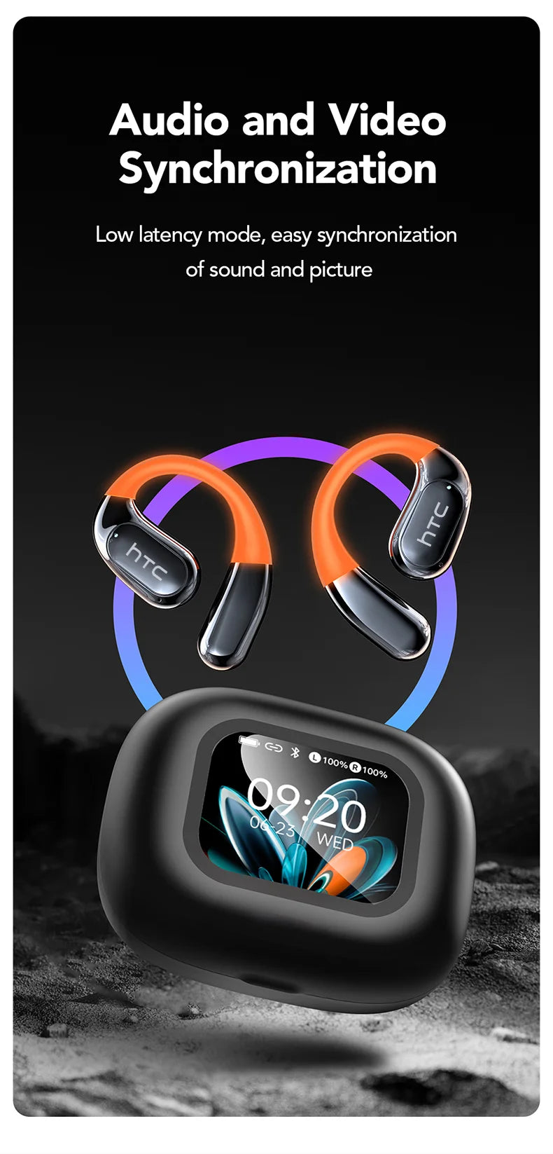 HTC NE27 Wireless Headphones AI Translator Earbuds OWS Sports Bluetooth Earphones Glowing Earhook Customizable Wallpaper Screen