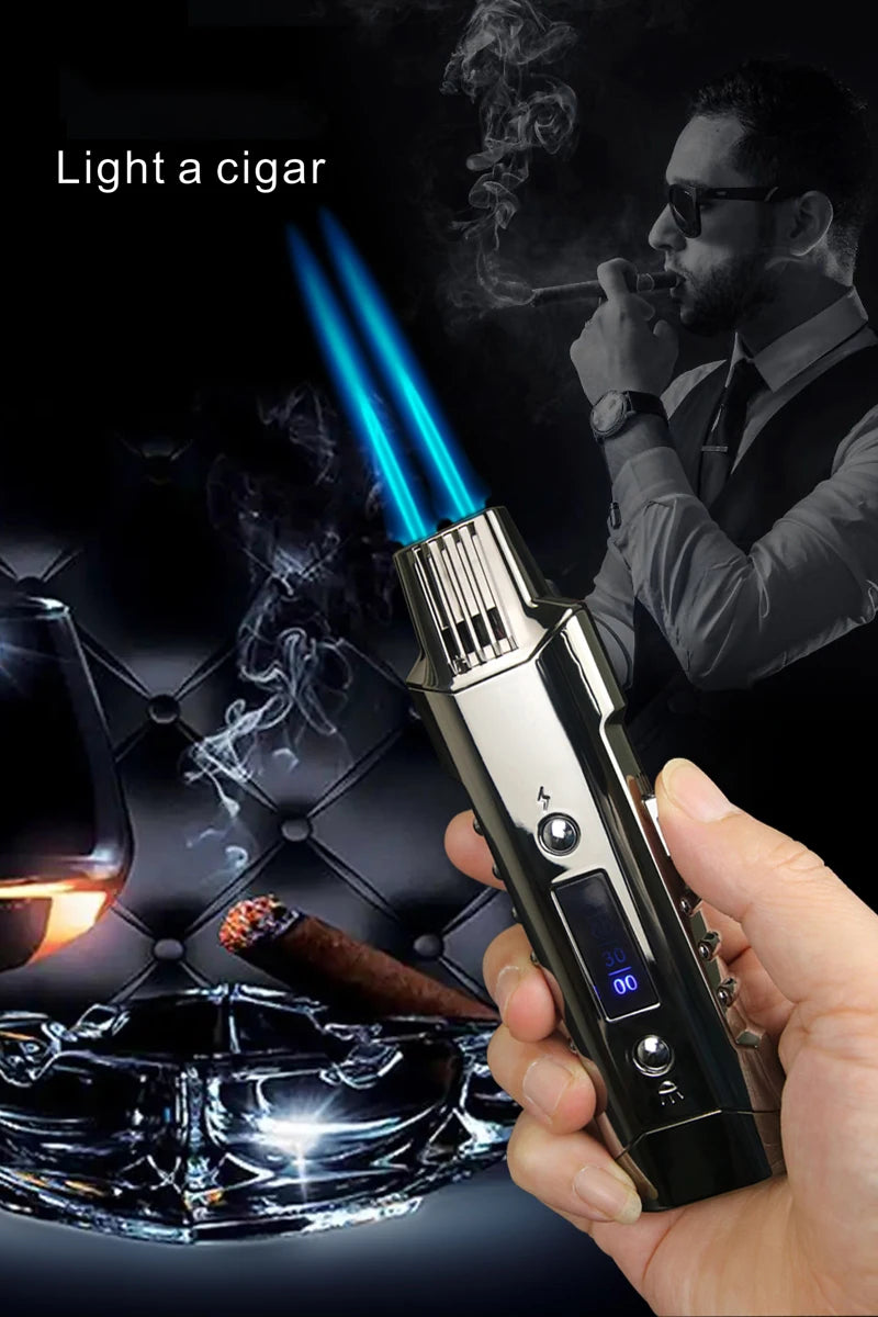 Multifunctional Gas And Electric Lighter  Double Arc  Double Blue Flame White Night Light With Power Display Outdoor Windproof