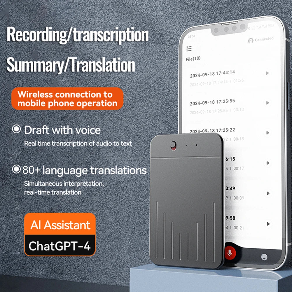 AI Voice Recorder Support 80+ Languages AI Notetaking Device Voice To Text Recorder Audio Dictaphone for Lectures Meetings Calls