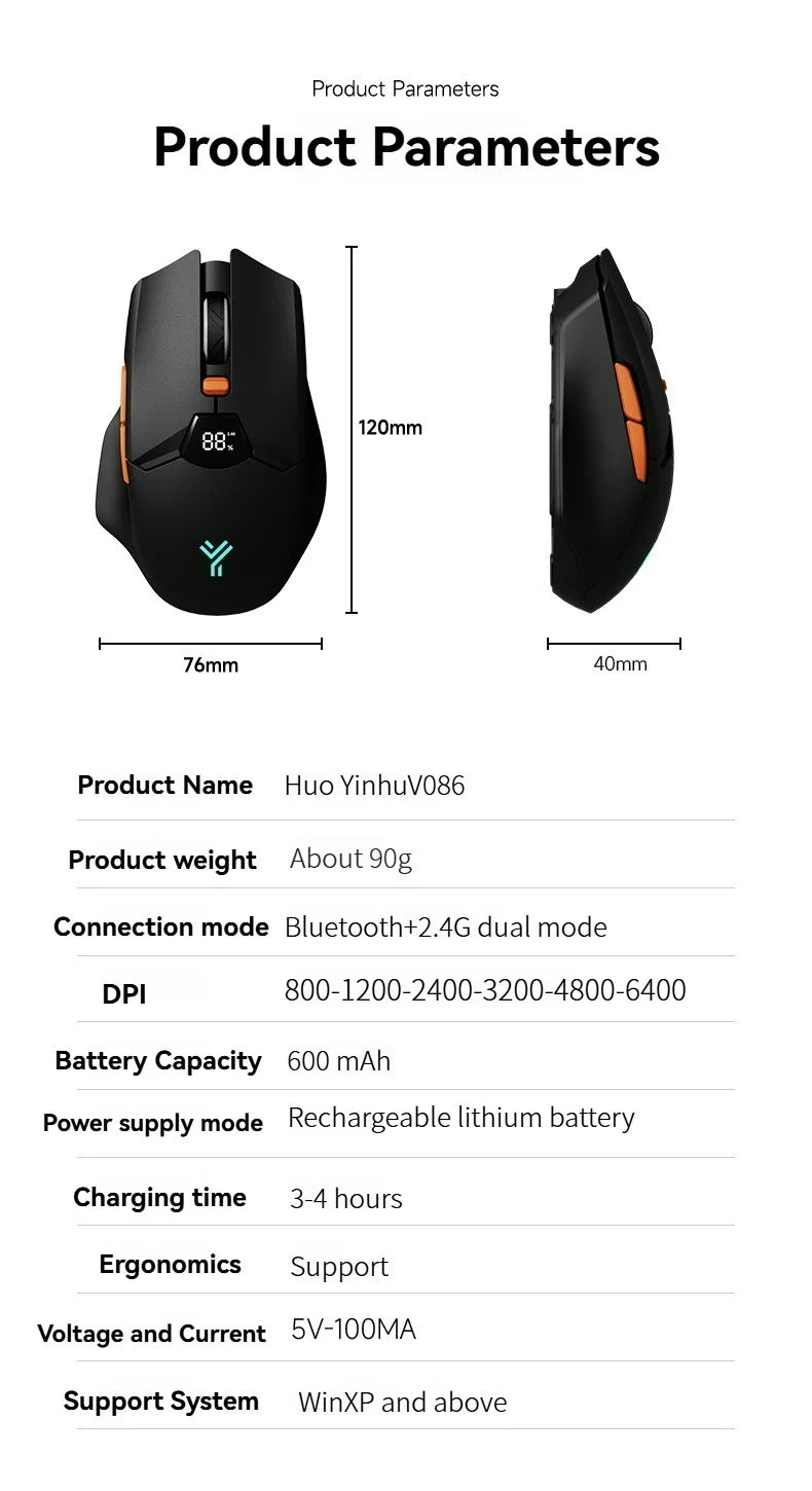 Wireless Bluetooth Mouse, Smart Screen Display, Dual Mode Mute Button, 600mAh Lithium Battery, Office Mouse for Tablet, Notebook