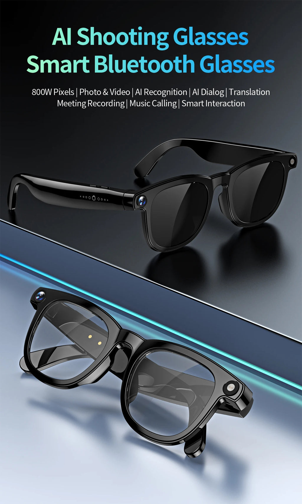 AI Smart Translate Glasses Photography Video Wifi Transmission Bluetooth Call Music Play Smart Glasses for Studying Travaling