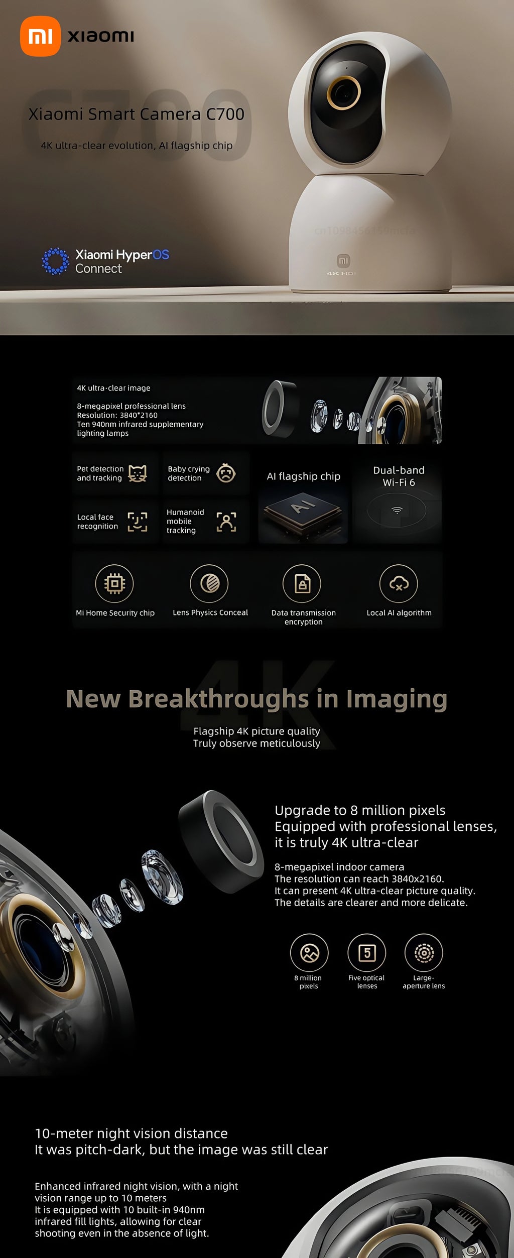 New Xiaomi Smart Camera C700 8MP 4K Ultra HD Low Light Full-color Baby Cry Detection Two-Way Voice Call Surveillance Camera MI