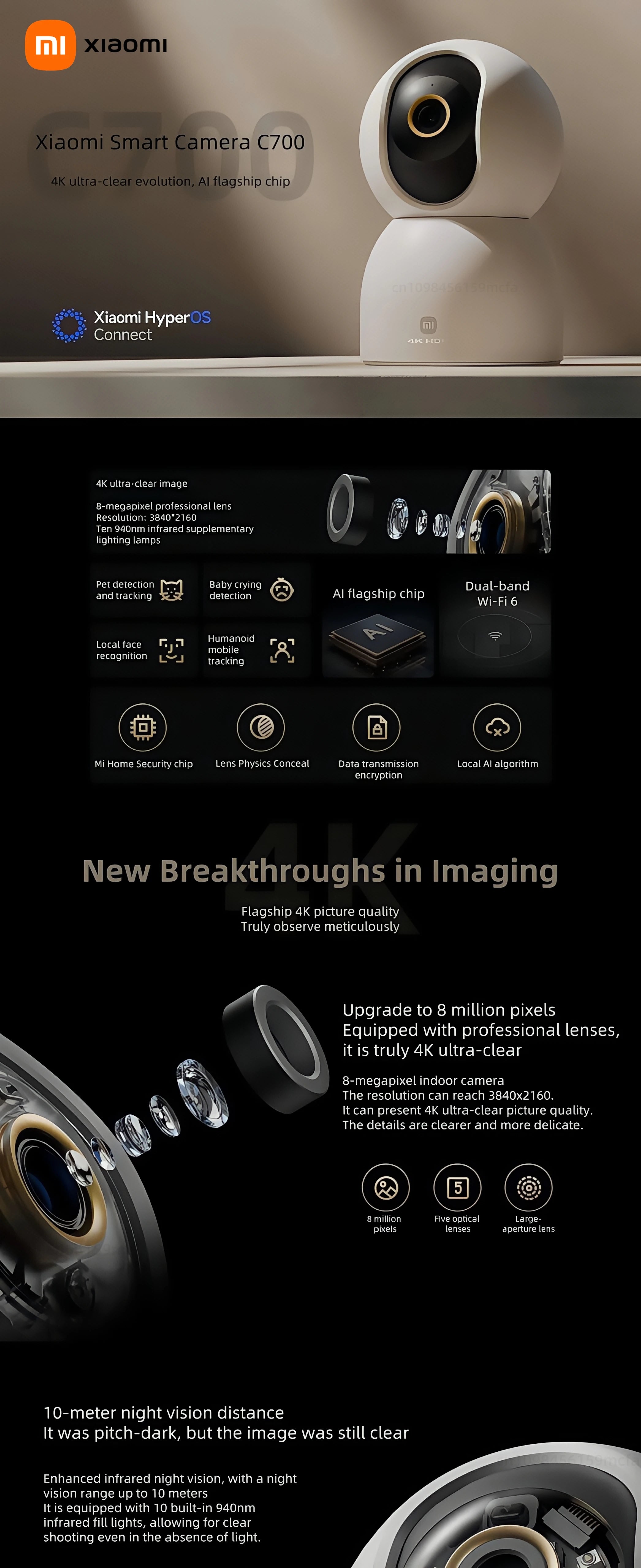 New Xiaomi Smart Camera C700 8MP 4K Ultra HD Low Light Full-color Baby Cry Detection Two-Way Voice Call Surveillance Camera MI