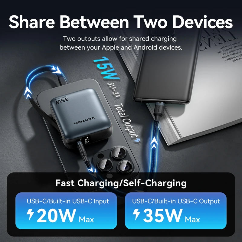Vention 10000mAh Power Bank Fast Charging PD 35W Portable PowerBank for iPhone 16 15 Pro Max Xiaomi External Battery Charger