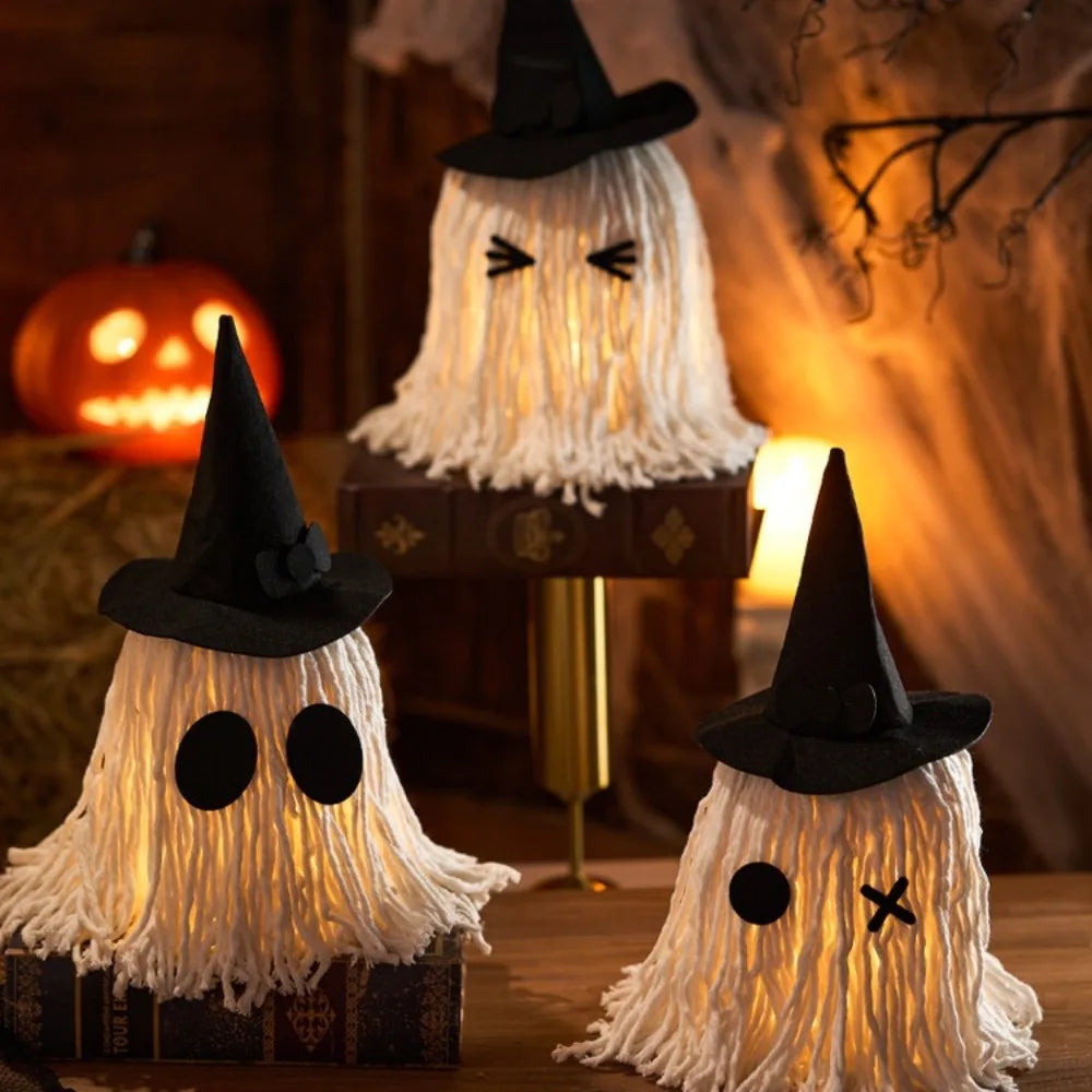 Luminous Halloween Hanging Ghost Light LED with Hat Specter Ornaments DIY Expression White Tassels Mop Head Desktop Decoration