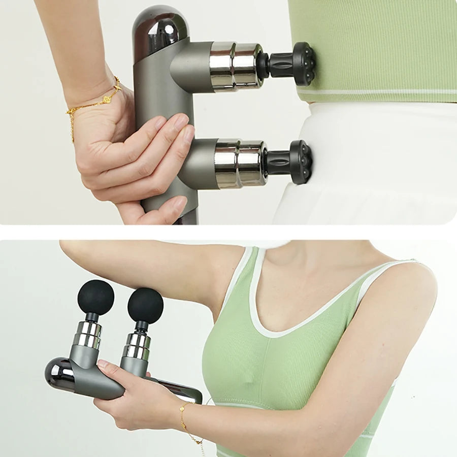 USB charging dual head fascia gun with 6-speed force adjustment and 4 pairs (8 pieces) of massage heads, double massage massager