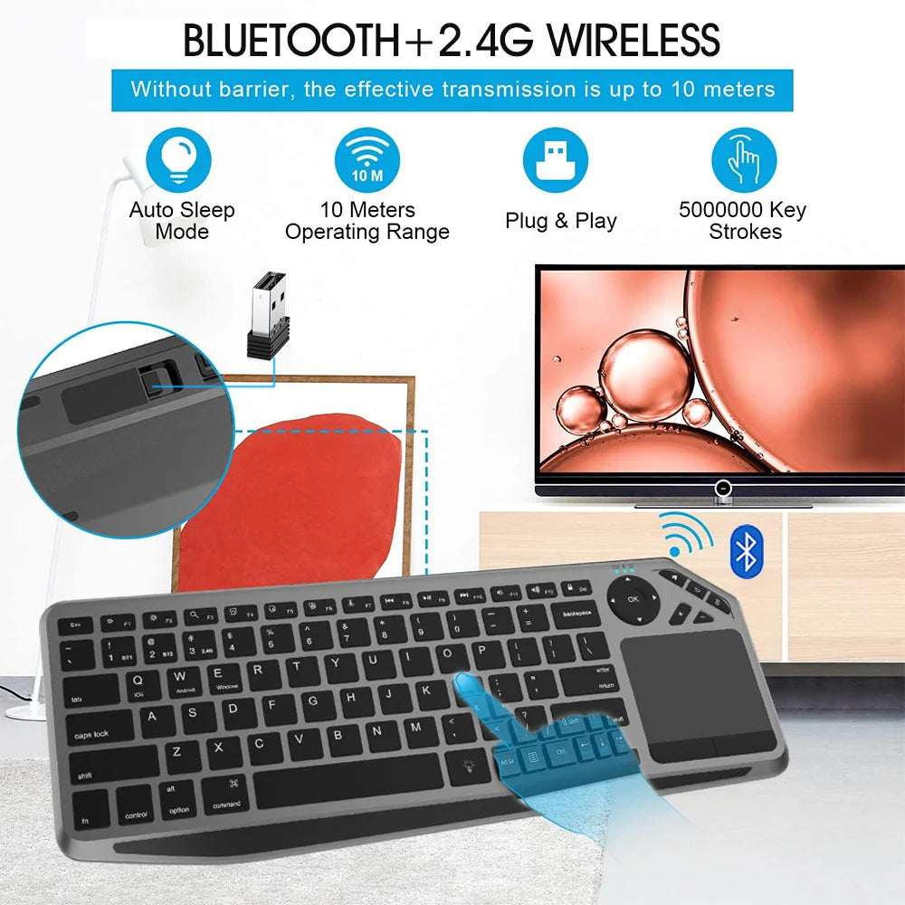 Bluetooth Wireless Keyboard with Touchpad 7-Colors Backlit 2.4g Rechargeable Trackpad Keyboard for Smart TV, IOS IPhone/IPad