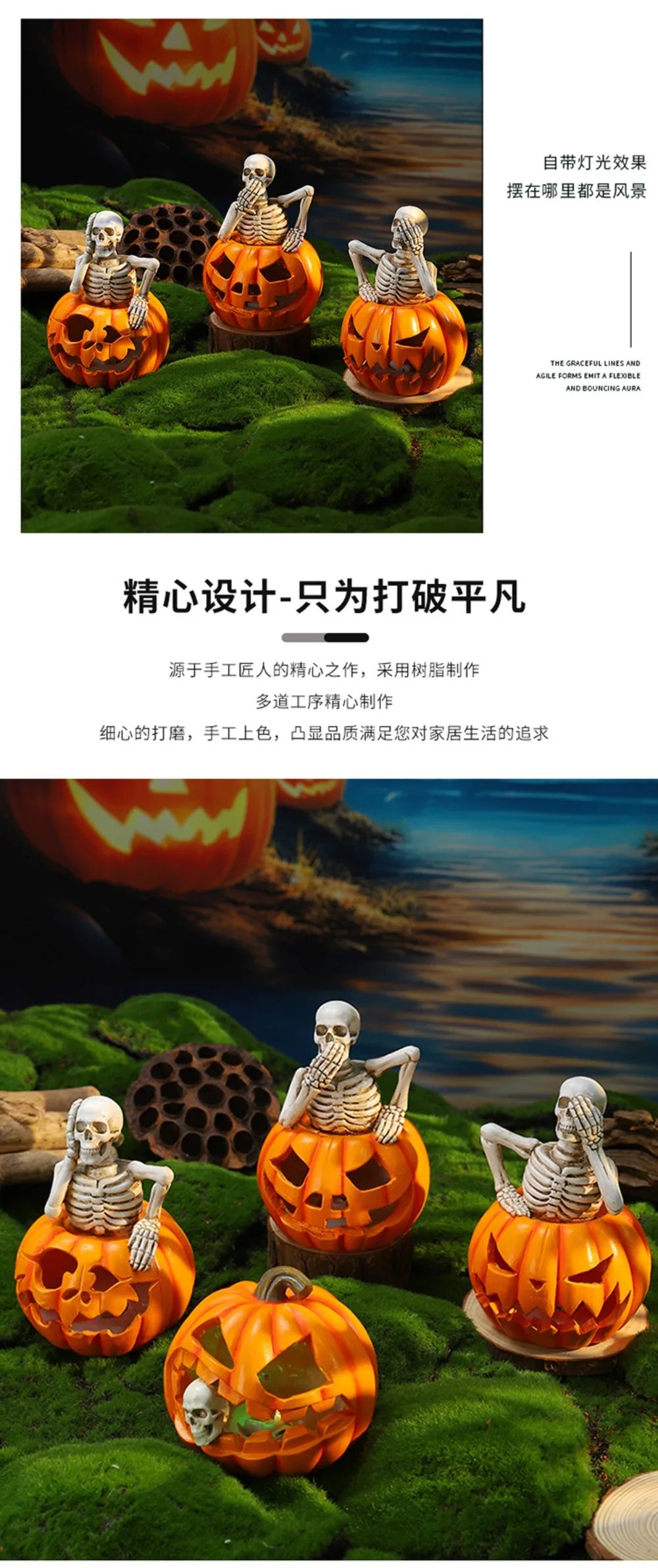 2025 Halloween Skeleton Pumpkin Lantern Ornament Halloween Party Funny Atmosphere Decoration Props Ghost Pumpkin Resin Crafts