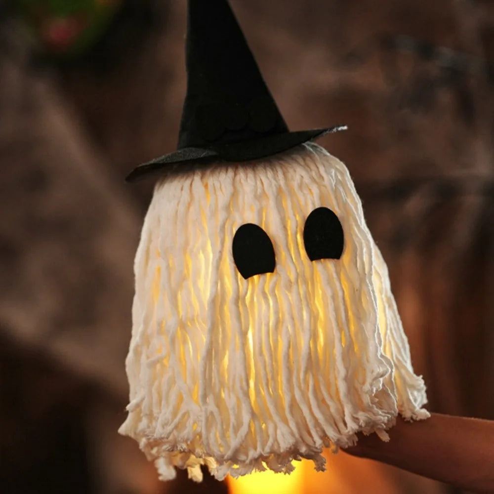 Luminous Halloween Hanging Ghost Light LED with Hat Specter Ornaments DIY Expression White Tassels Mop Head Desktop Decoration