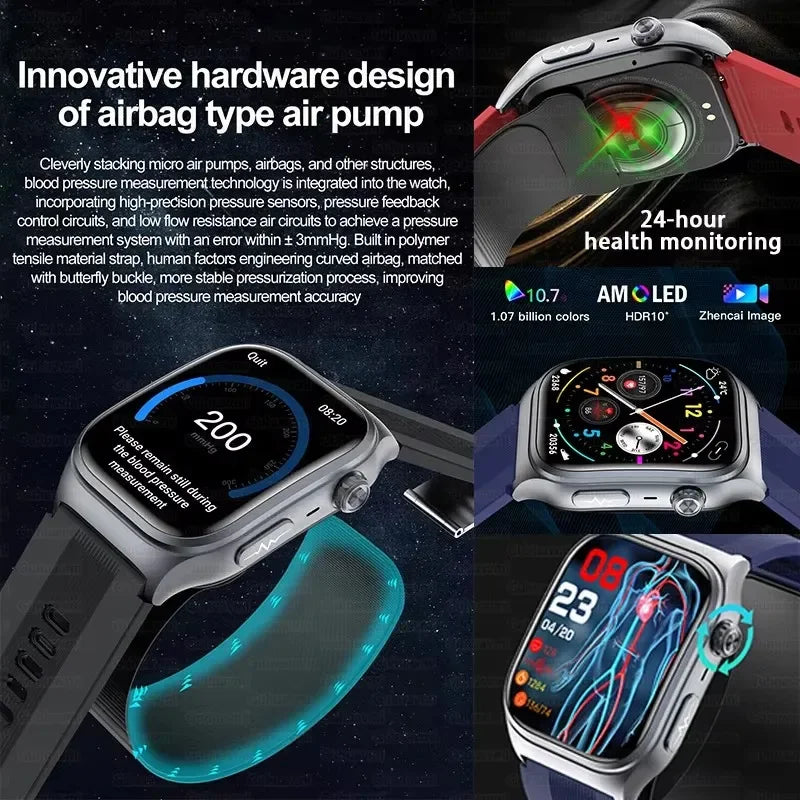 New Precise Detection Blood Pressure Smart Watch Air Pump Airbag Heart Rate ECG Health Bracelet BT Call Watches Men For Xiaomi