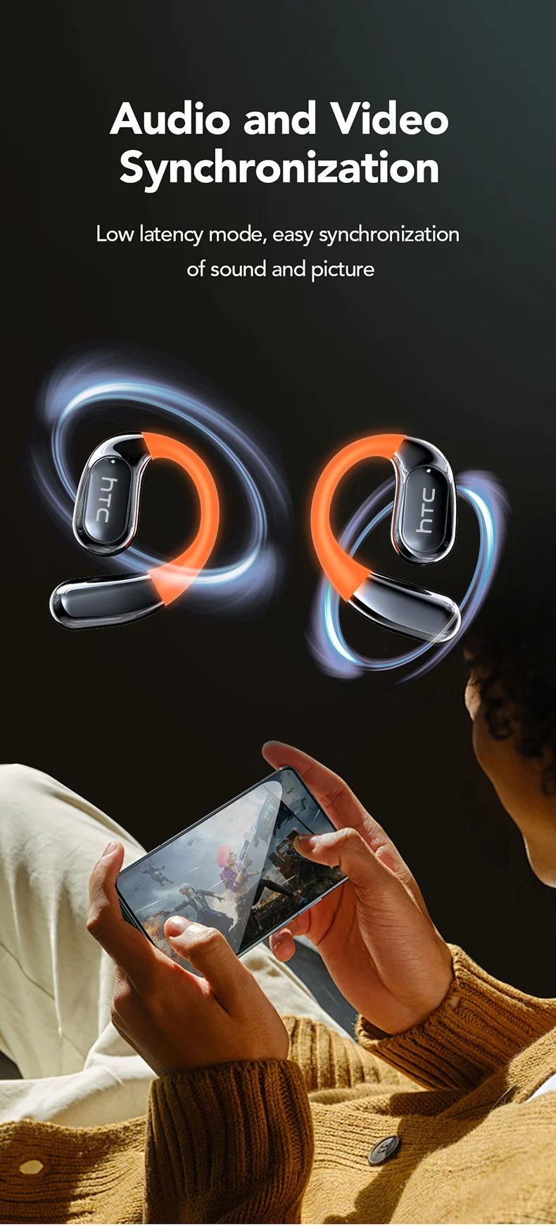 HTC NE27 Wireless Headphones AI Translator Earbuds OWS Sports Bluetooth Earphones Glowing Earhook Customizable Wallpaper Screen