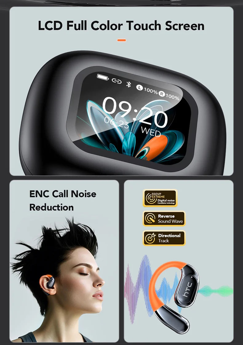 HTC NE27 Wireless Headphones AI Translator Earbuds OWS Sports Bluetooth Earphones Glowing Earhook Customizable Wallpaper Screen