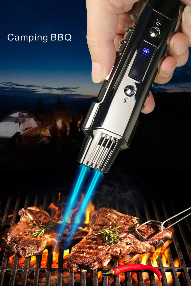 Multifunctional Gas And Electric Lighter  Double Arc  Double Blue Flame White Night Light With Power Display Outdoor Windproof