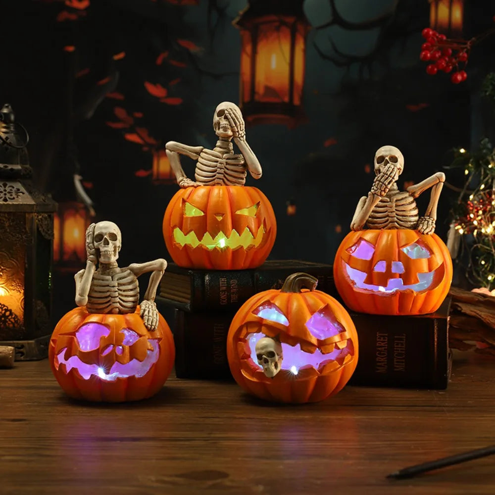 2025 Halloween Skeleton Pumpkin Lantern Ornament Halloween Party Funny Atmosphere Decoration Props Ghost Pumpkin Resin Crafts
