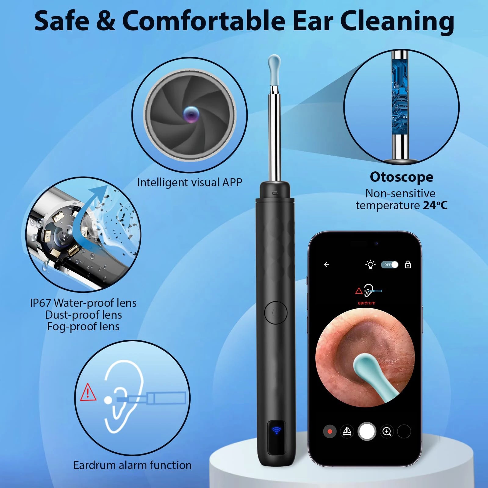 Earwax Removal Kit for IOS Phones Violet Ear Canal Cleaner with 1296P Camera 5 Ear Spoons