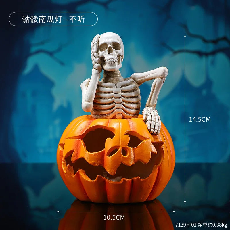 2025 Halloween Skeleton Pumpkin Lantern Ornament Halloween Party Funny Atmosphere Decoration Props Ghost Pumpkin Resin Crafts