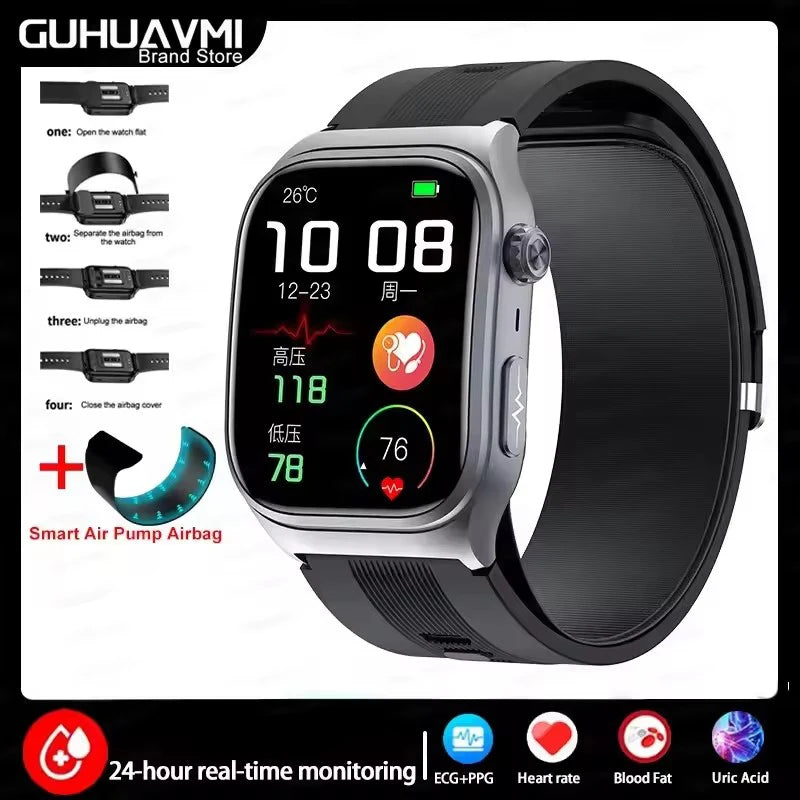 New Precise Detection Blood Pressure Smart Watch Air Pump Airbag Heart Rate ECG Health Bracelet BT Call Watches Men For Xiaomi