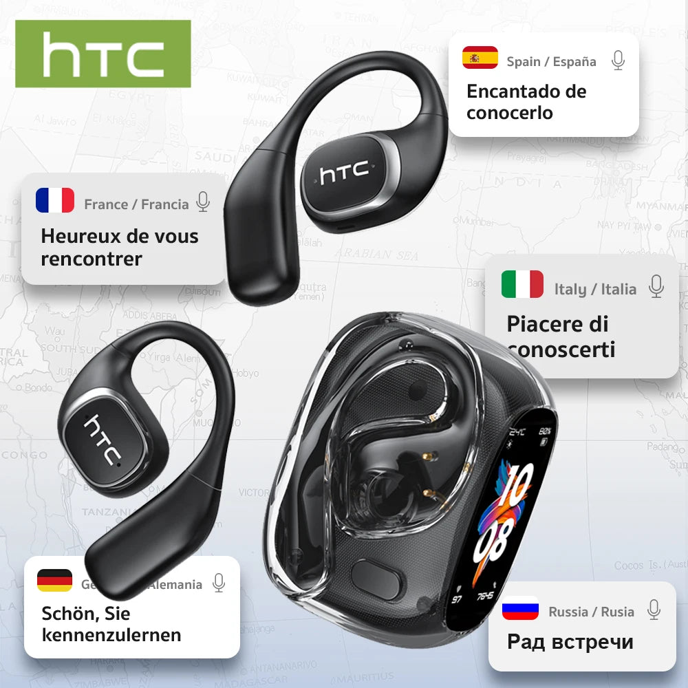 Translator HTC NE11 Bluetooth 6.0 OWS Wireless Headphones Translation Earphones Full-Color Touch Screen Ultra Long Battery Life